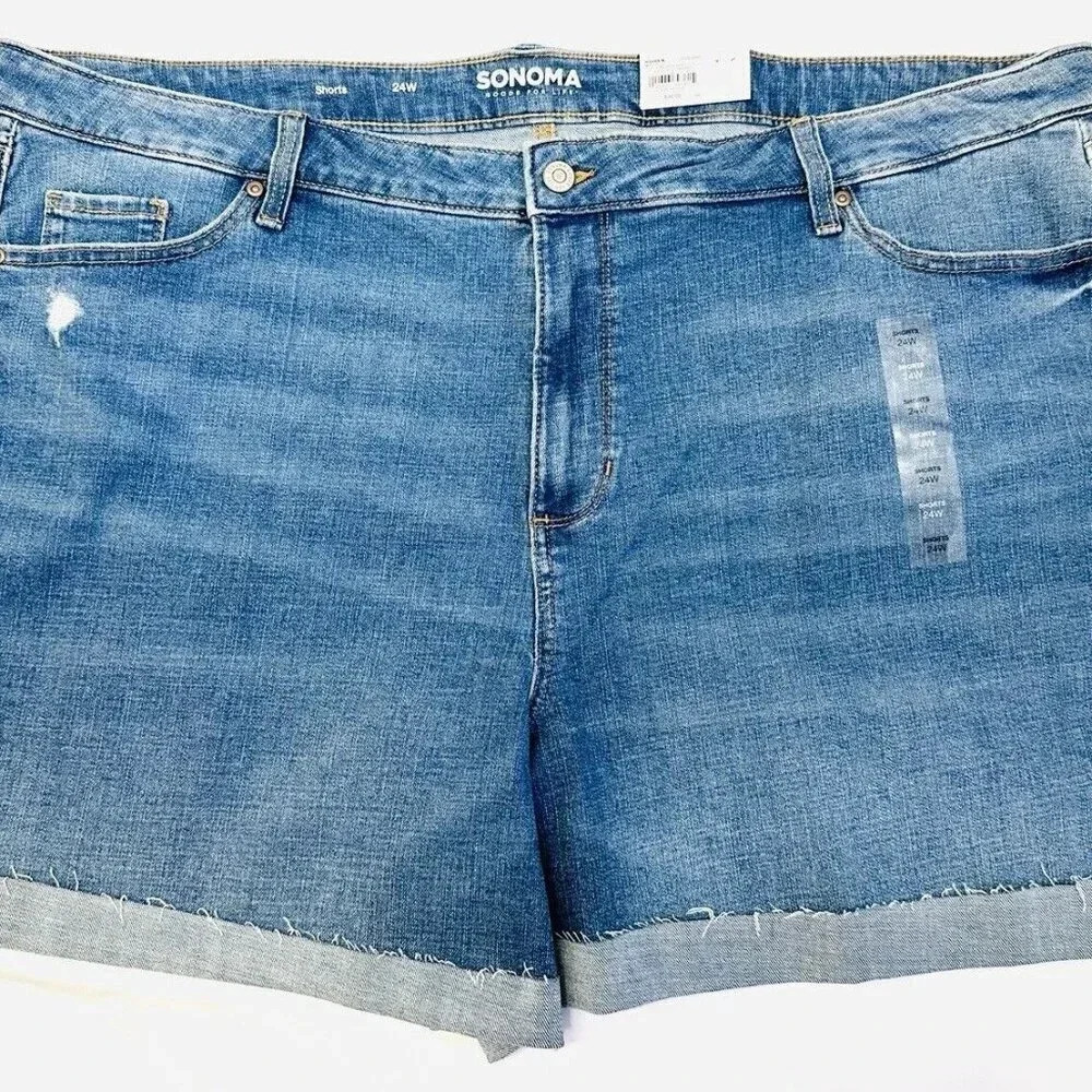 NWT SONOMA Women High Rise Blue Rolled Cuff Distressed Blue Jean Shorts Size 24W
